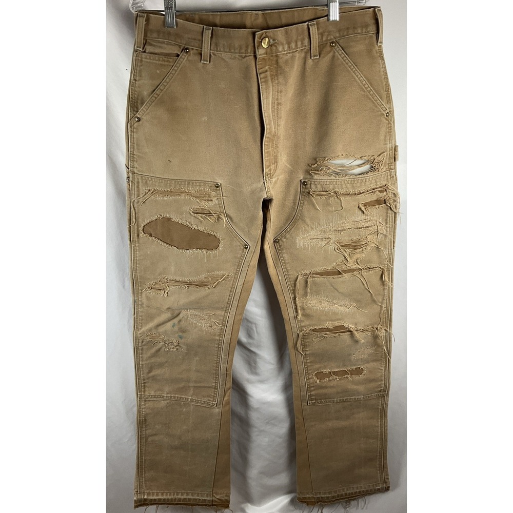 Carhartt Mens Khaki 36x36 Double Knee Distressed Custom Altered Wide Flare Jeans